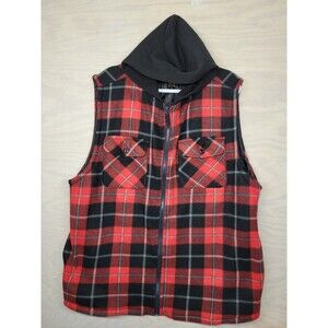 Roper Men's SZ M Hooded Vest  Plaid Pockets Full Zip Red Black Outdoor Core